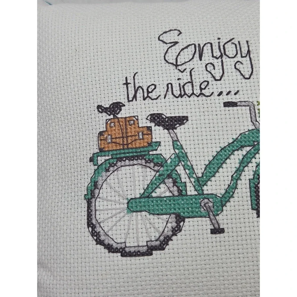 Cross Stitch Pillow Green Bicycle Flowers Suitcases Bird Finished Enjoy the Ride